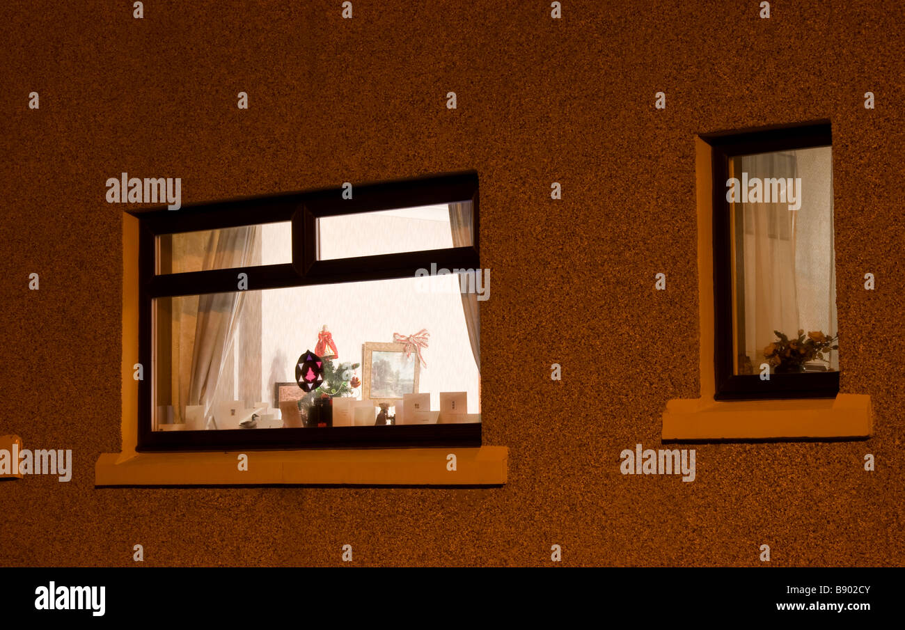Window with Christmas cards and decorations Stock Photo