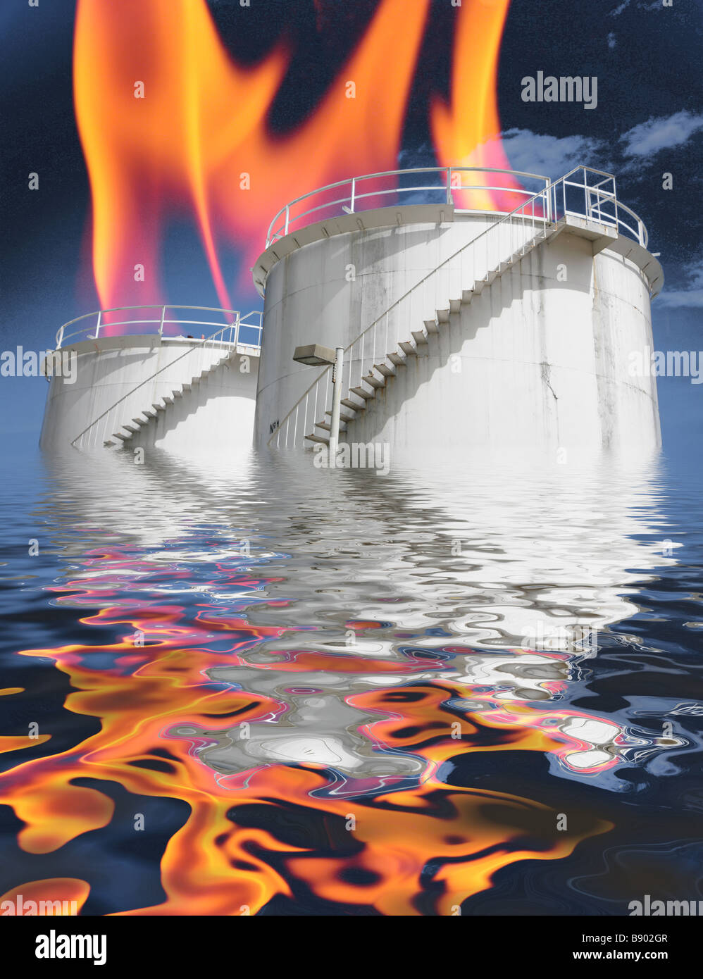 Climate change, oil storage burning & water flood. Manipulated picture Stock Photo