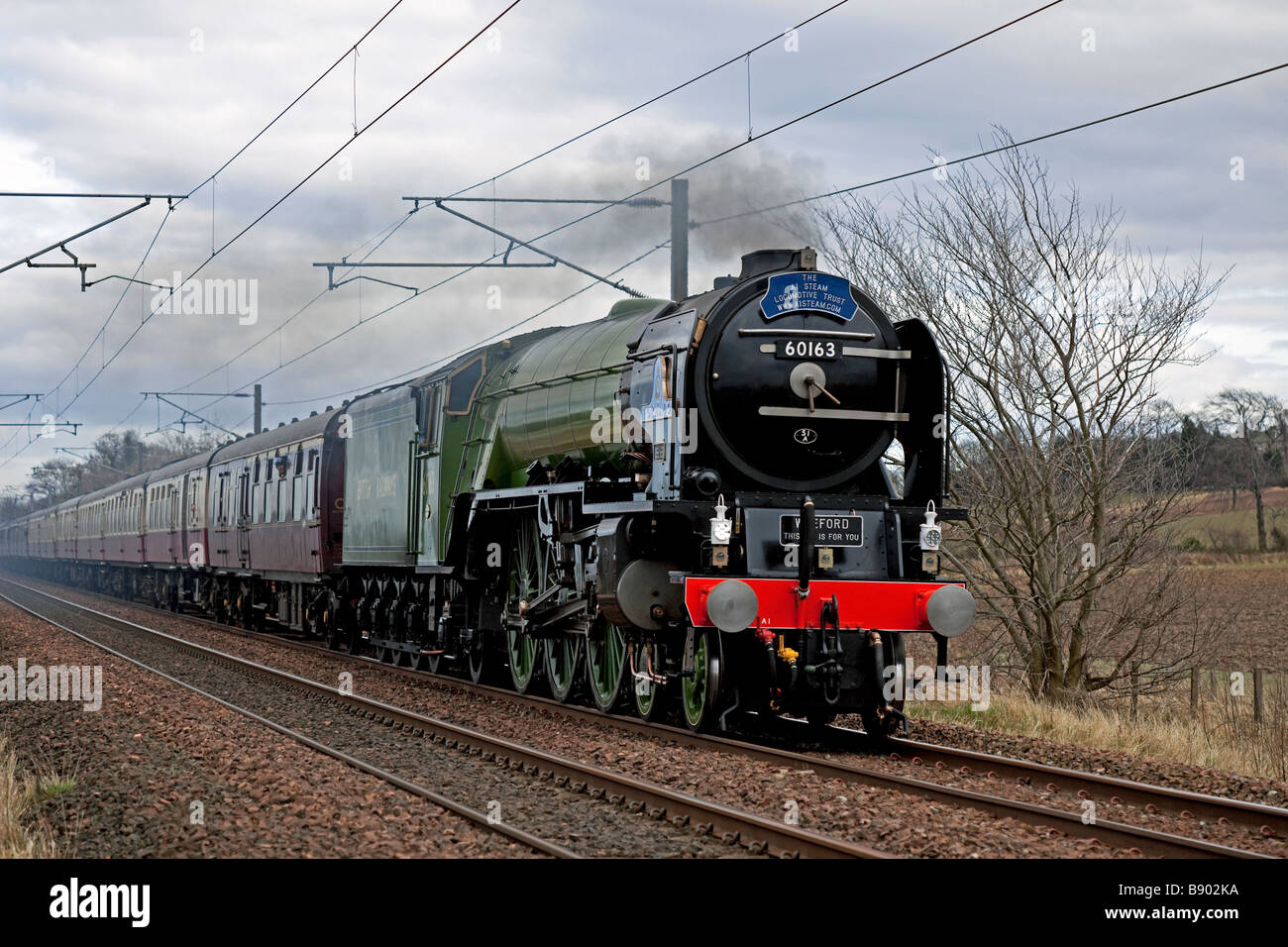 Tornado Steam engine is a new Peppercorn class A1 Pacific locomotive pictured on its first journey to Scotland in February 2009 Stock Photo