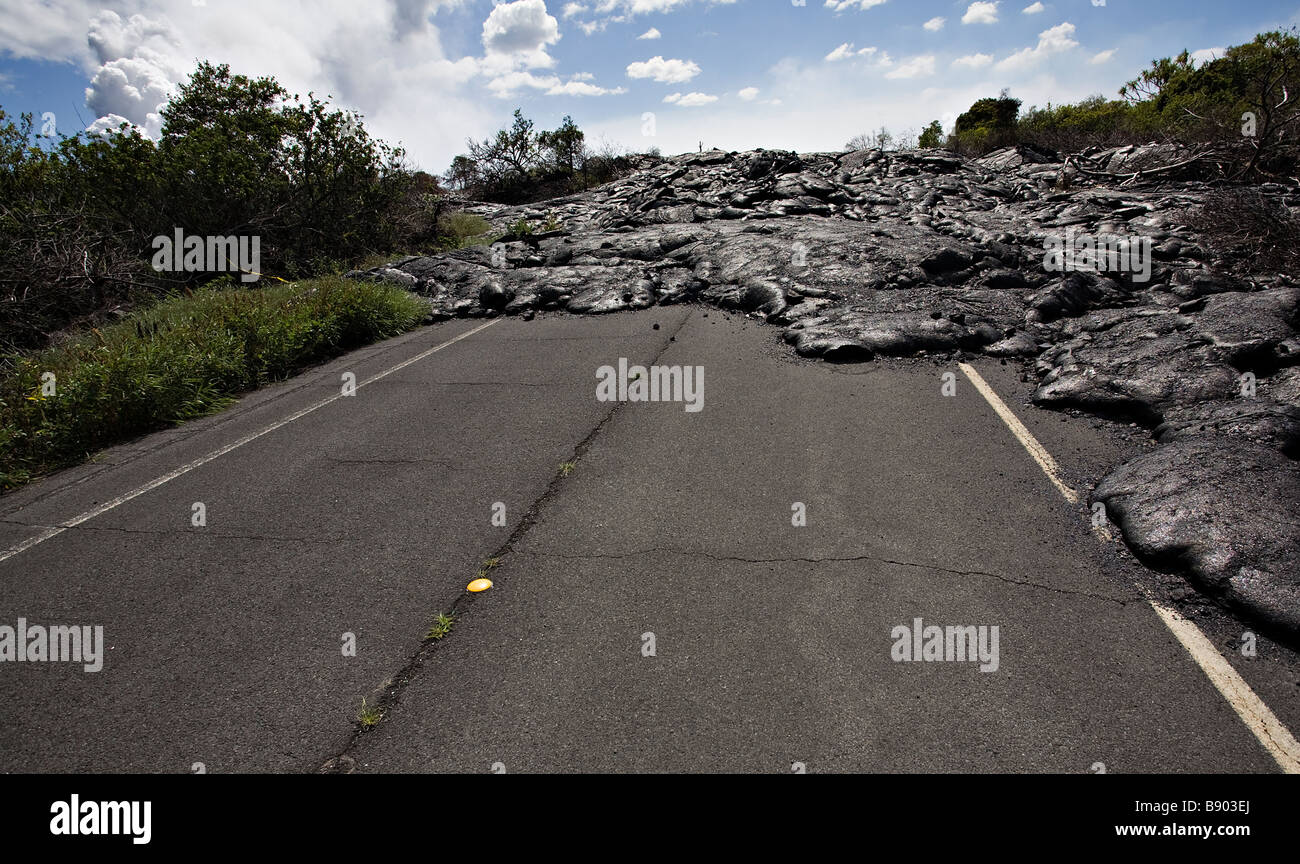 Chain of Craters Road blocked by pahoehoe lava, Kalapana, Big Island, Hawaii Stock Photo