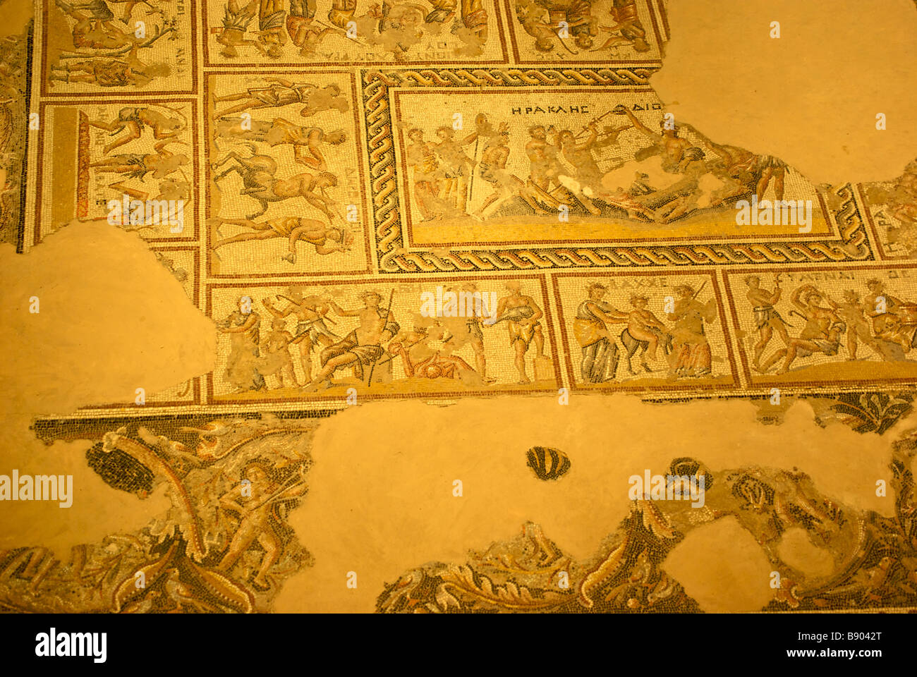 Stunning ancient mosaic under restoration reconstruction inside Roman villa at mishnaic period city Zippori or Sepphoris Stock Photo