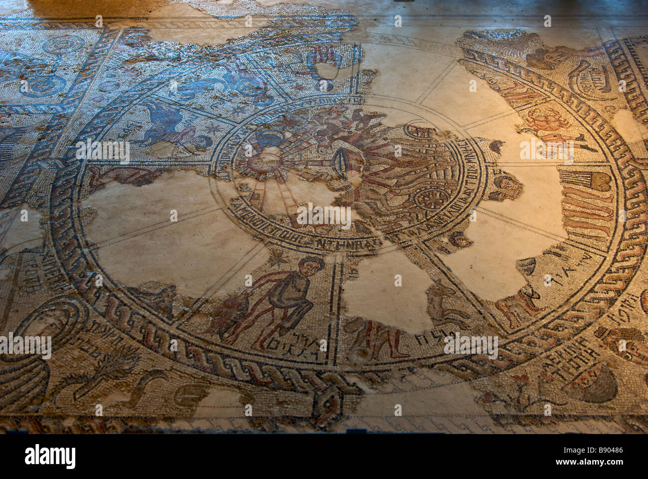 Colourful zodiac mosaic reconstruction in recently excavated Jewish synagogue at Zippori or Sepphoris mishnaic period city Stock Photo