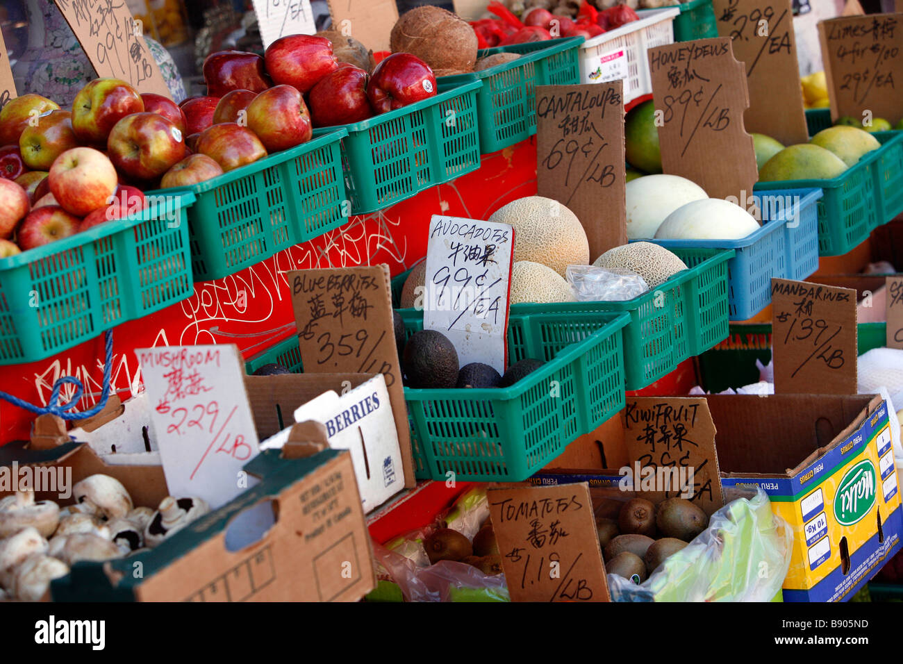 Fruit and vegetables for sale at a local street market in Victoria's Chinatown in British Columbia, Canada. Stock Photo