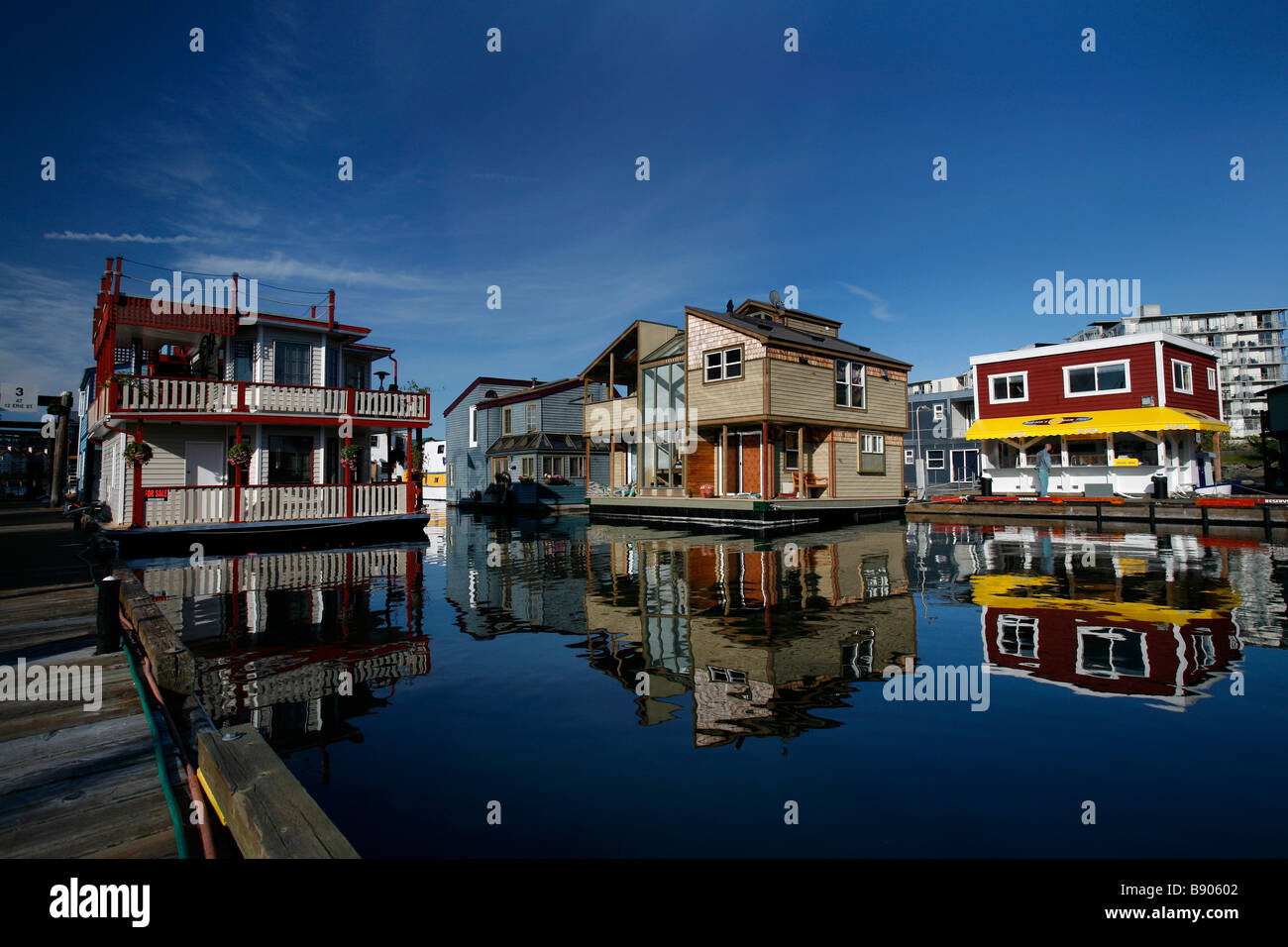 The docks and float homes at Fisherman's Wharf in Victoria, British Columbia, Canada Stock Photo