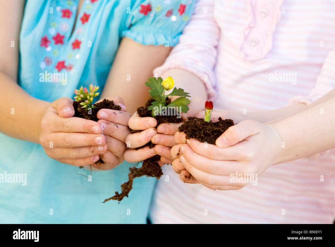 Two girls holding flowers. Stock Photo