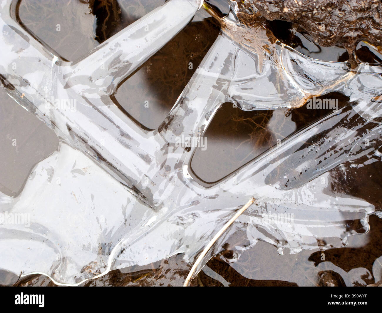 ice crystal formation on a frozen puddle Stock Photo