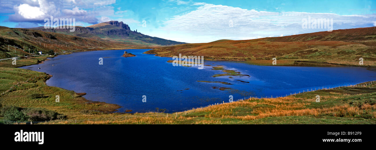 A big panoramic view over Loch Leathan to The Storr on the Island of Skye Stock Photo
