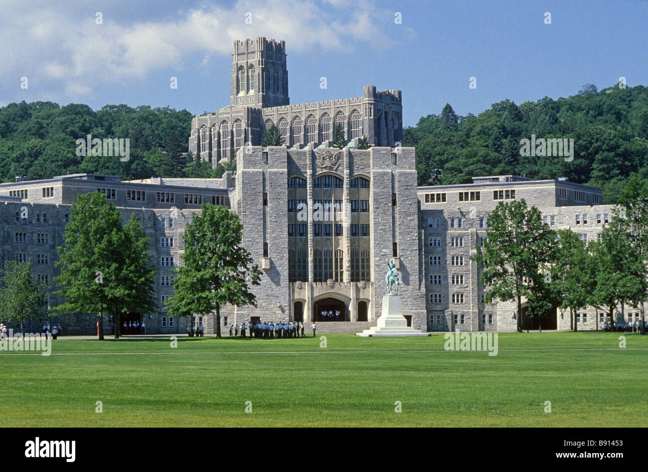 A view of the main buildings and commons and a statue of George Washington at the United States Military Academy West Point, New York. Stock Photo