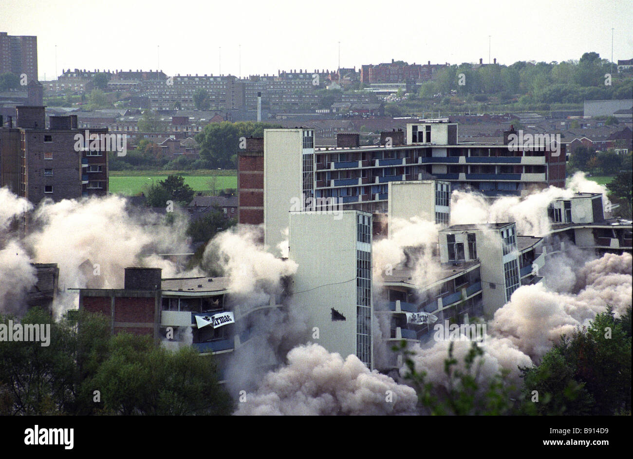 High rise flats on the Kersal Estate demolished in Salford Greater Manchester England Uk 14th October 1990 Stock Photo