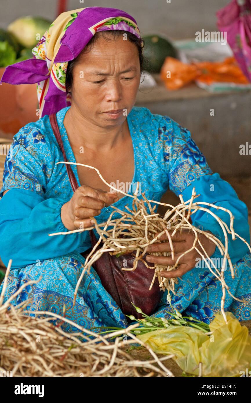 Yi tribes woman at Menghun market, Yunnan, China Stock Photo