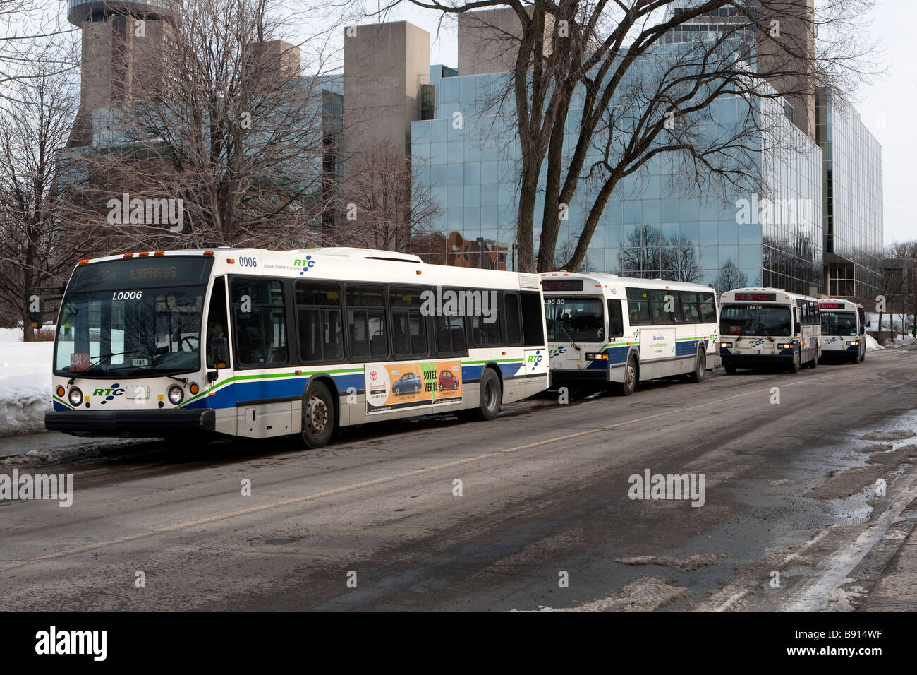 RTC Quebec buses are lined up in downtown Quebec City Stock Photo