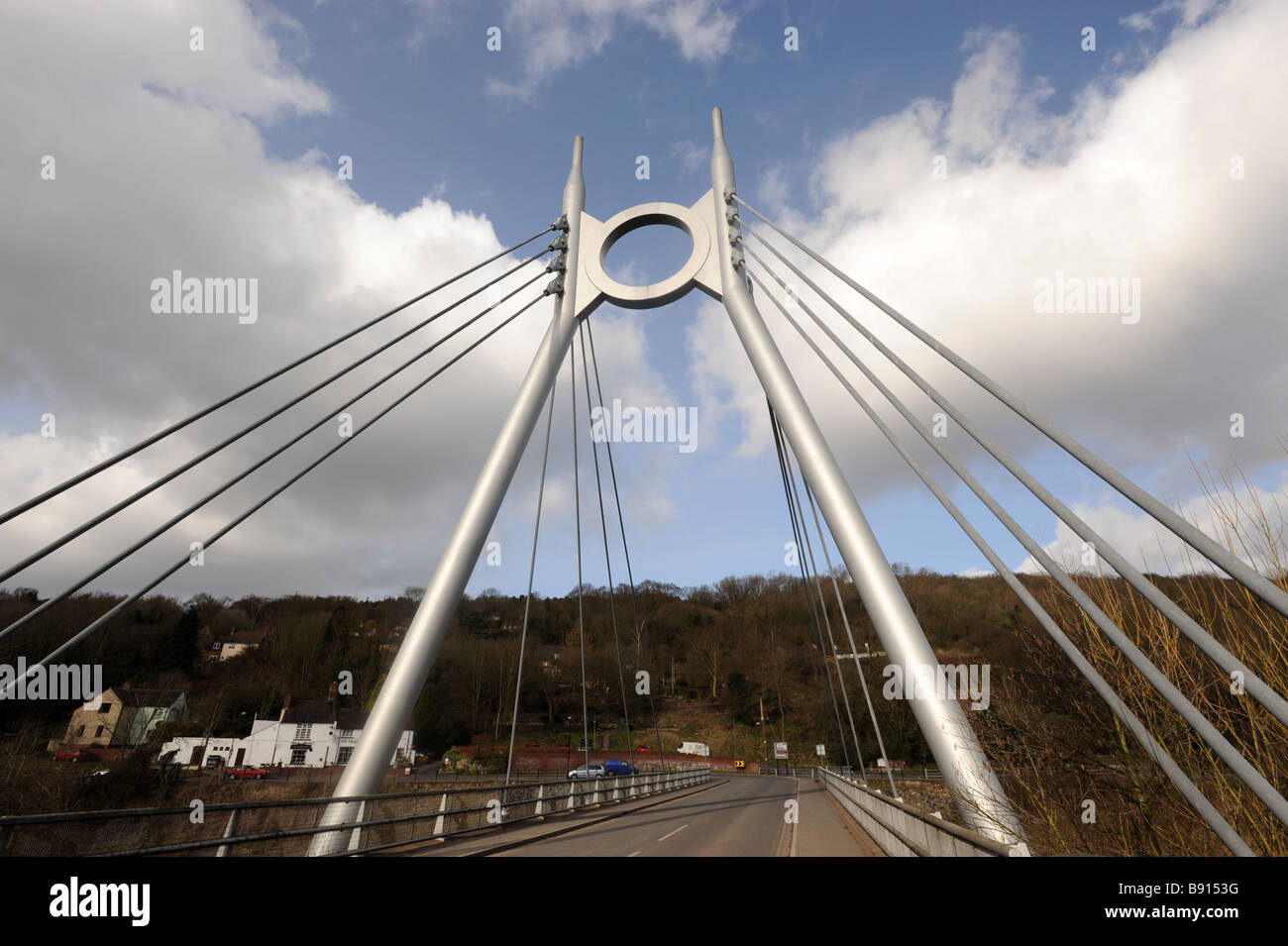 The modern suspension bridge crossing the River Severn at Jackfield