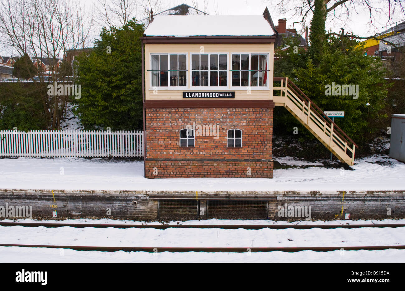 Railway signal box at Llandrindod Wells Powys Mid Wales UK Stock Photo