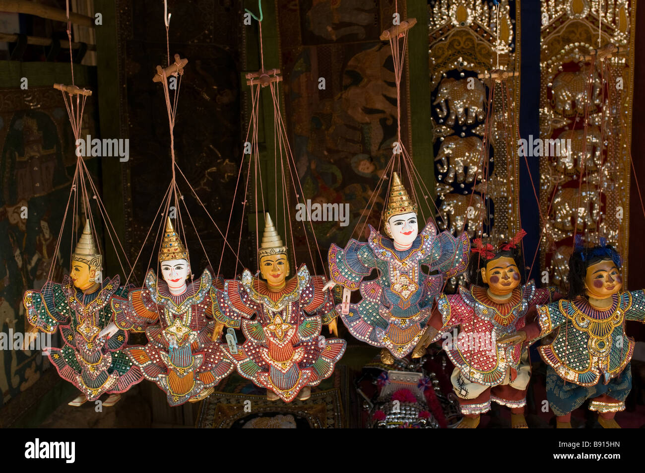 Puppets for sale in a village near Chiang Rai in Northern Thailand Stock Photo