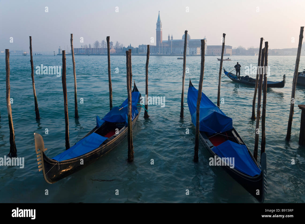Italy Veneto Venice view of Gondolas from Piazza San Marco with San Giorgio Maggiore in the background Stock Photo