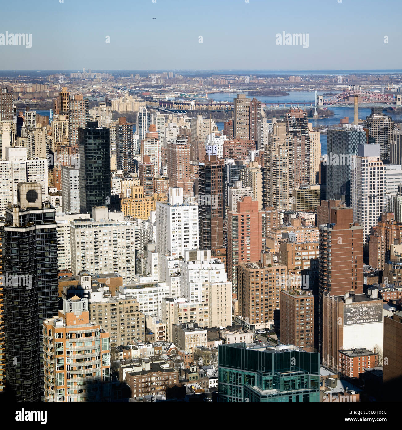 View over New York City north east towards Queensboro Bridge. Stock Photo