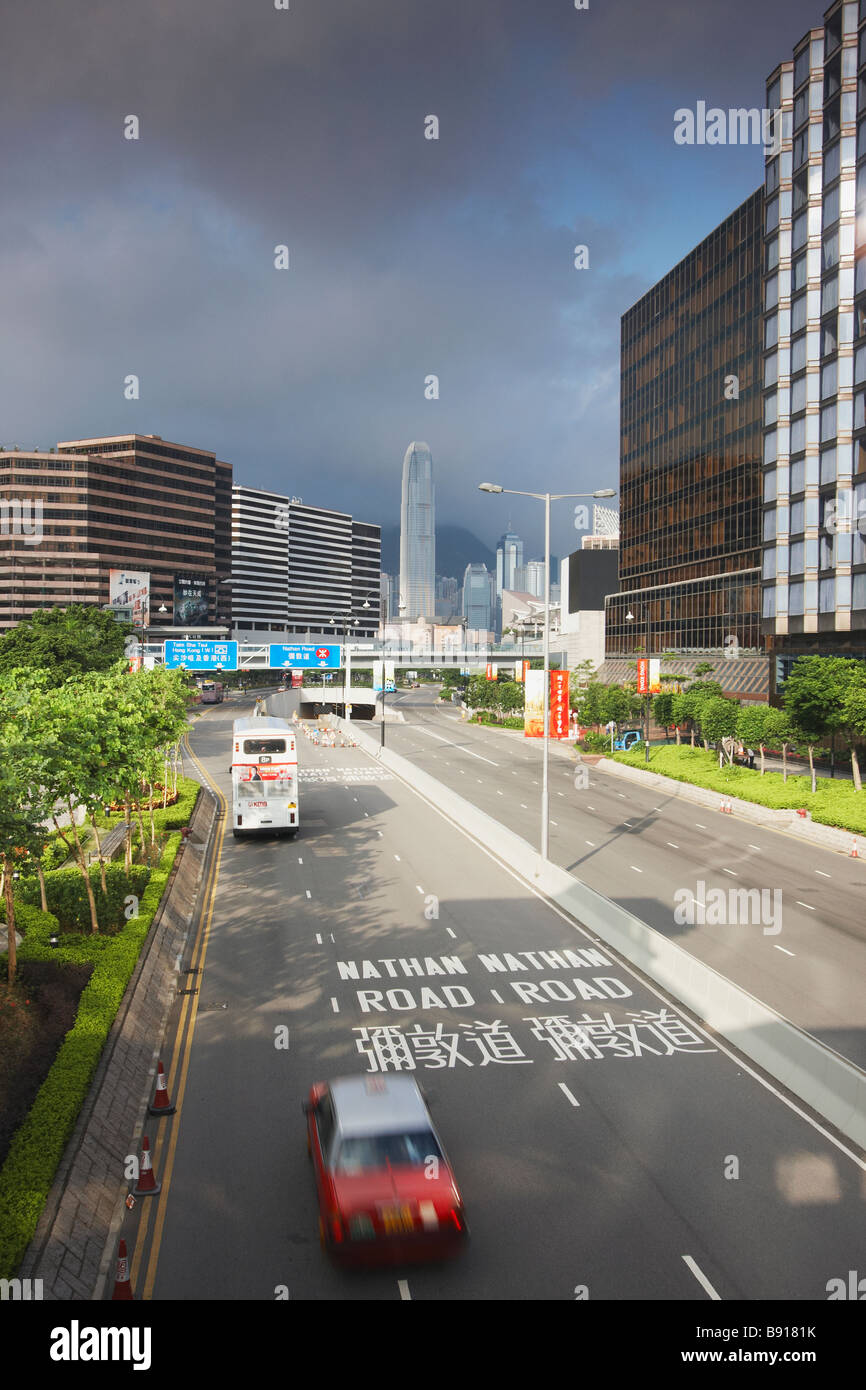 Traffic Passing Along Salisbury Road, Tsim Sha Tsui, Hong Kong Stock Photo