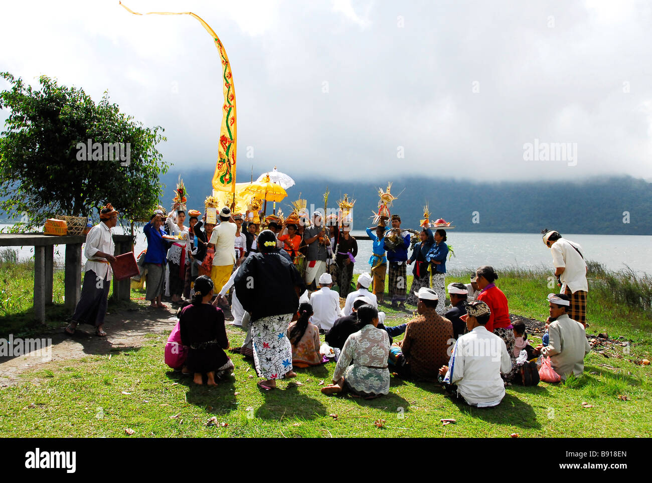 Last part of cremation, Balinese folks will float bone ash in the lake,Danau Bratan, Bali,Indonesia. Stock Photo