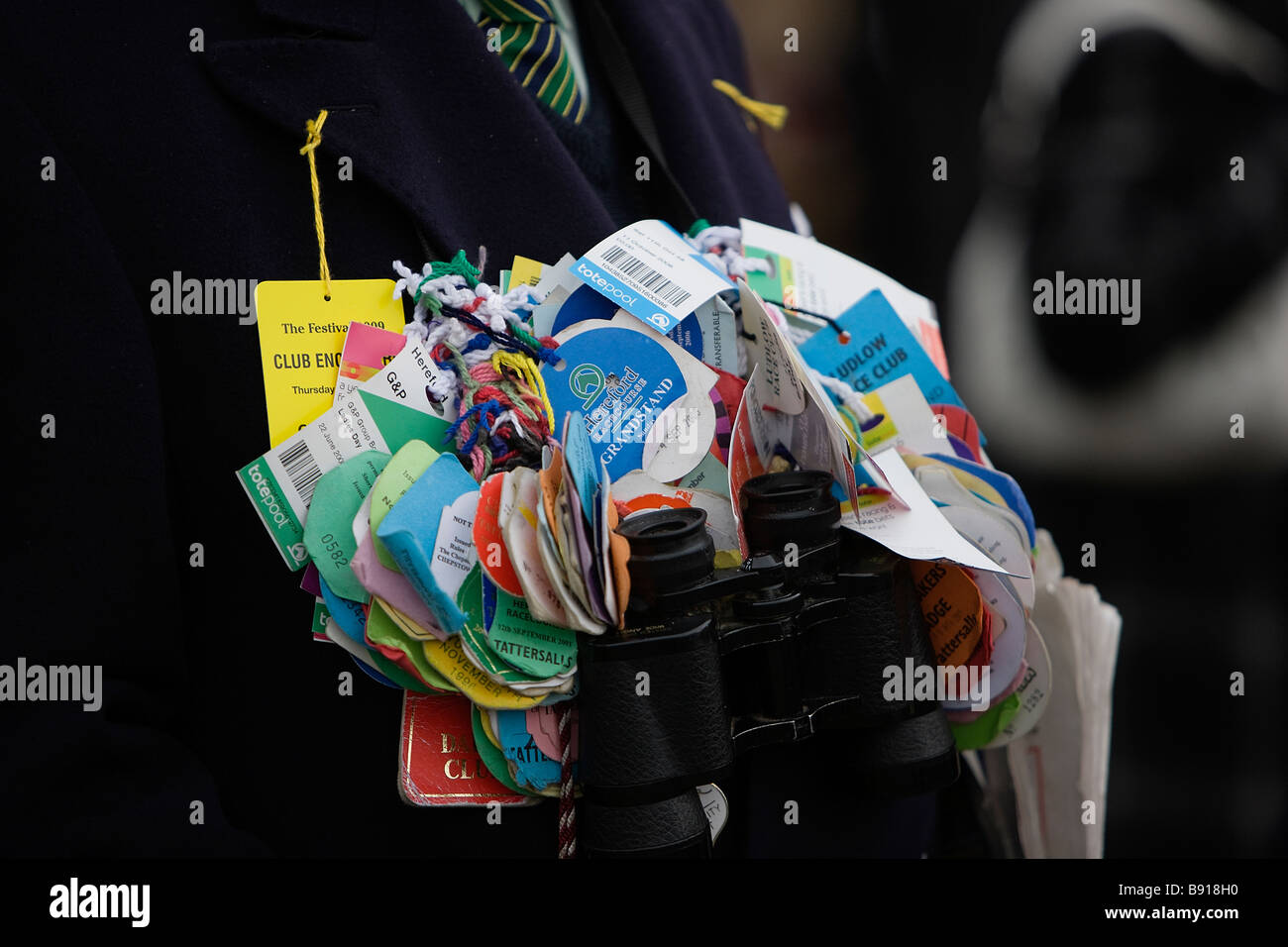 A Cheltenham Festival member with multiple race passes attached to his binoculars Stock Photo
