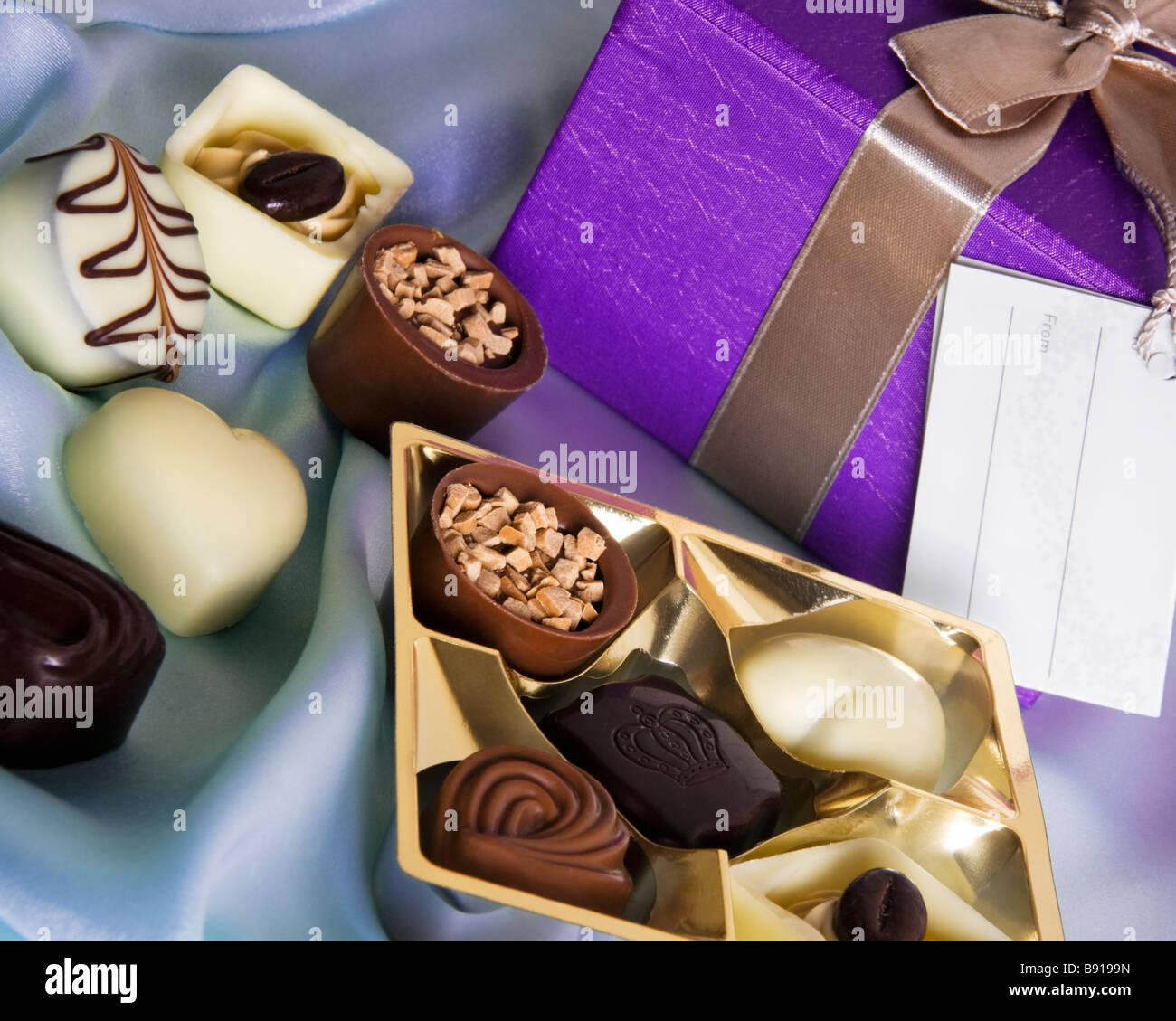 Gift box of assorted Belgian chocolates. Stock Photo