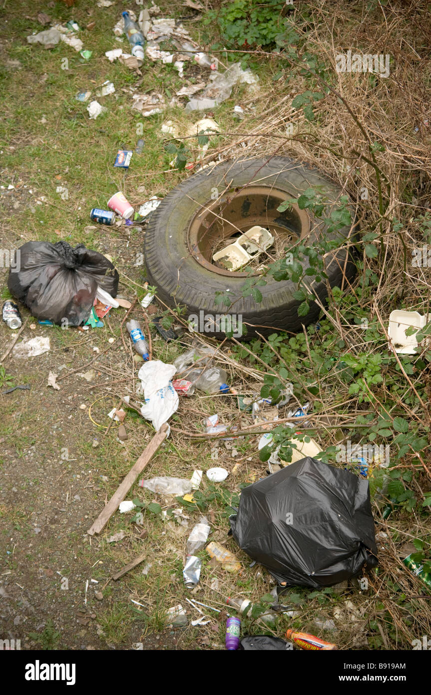 Fly tipping  - rubbish trash waste thrown away trashed plastic bags garbage UK Stock Photo