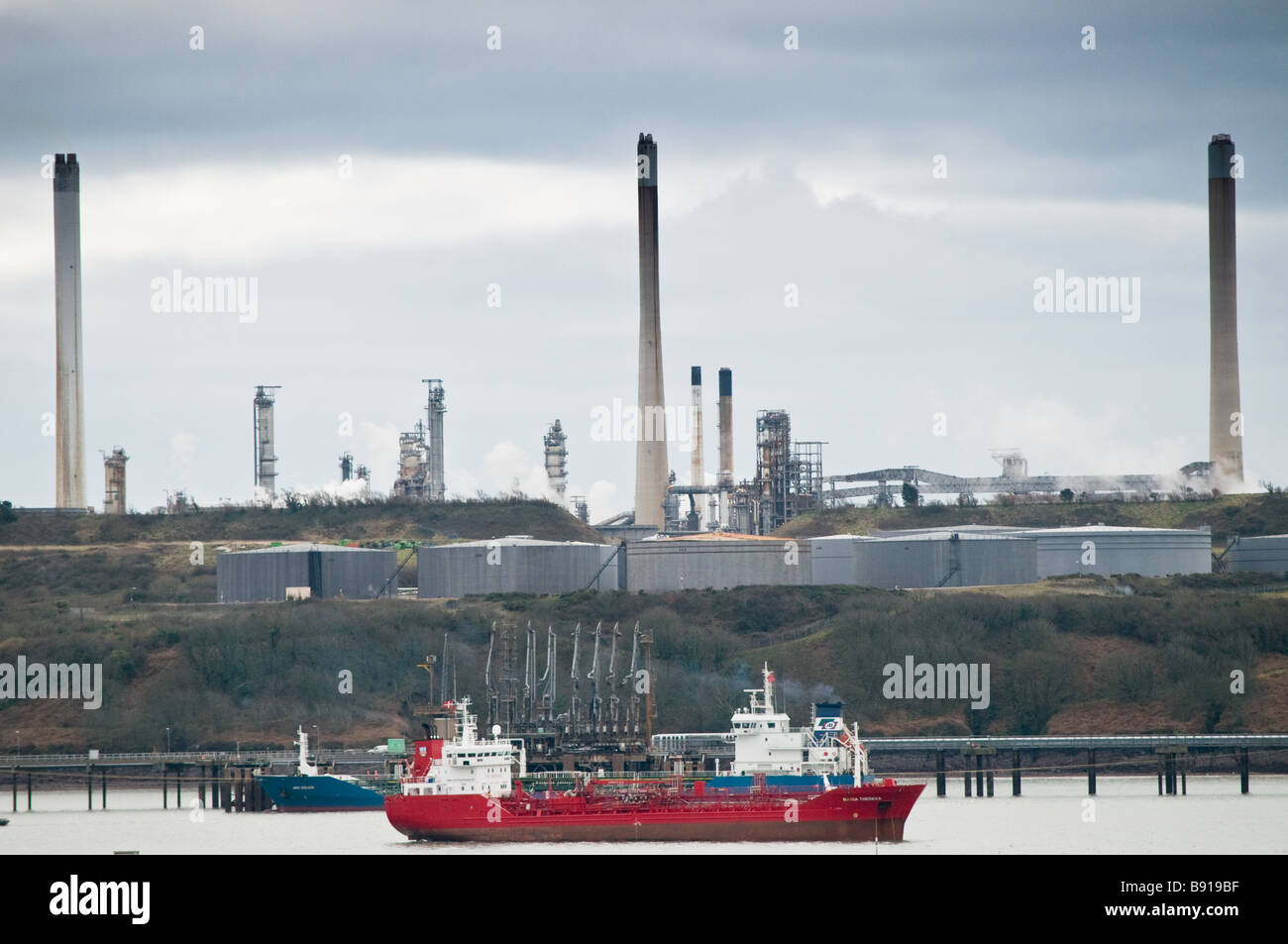 Oil tankers and refineries at Milford Haven Pembrokeshire Wales UK Stock Photo