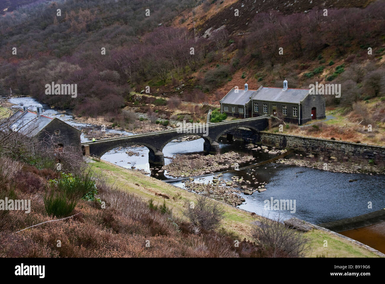 pump and "sluice houses" located below the dam wall in the "elan valley  Stock Photo - Alamy