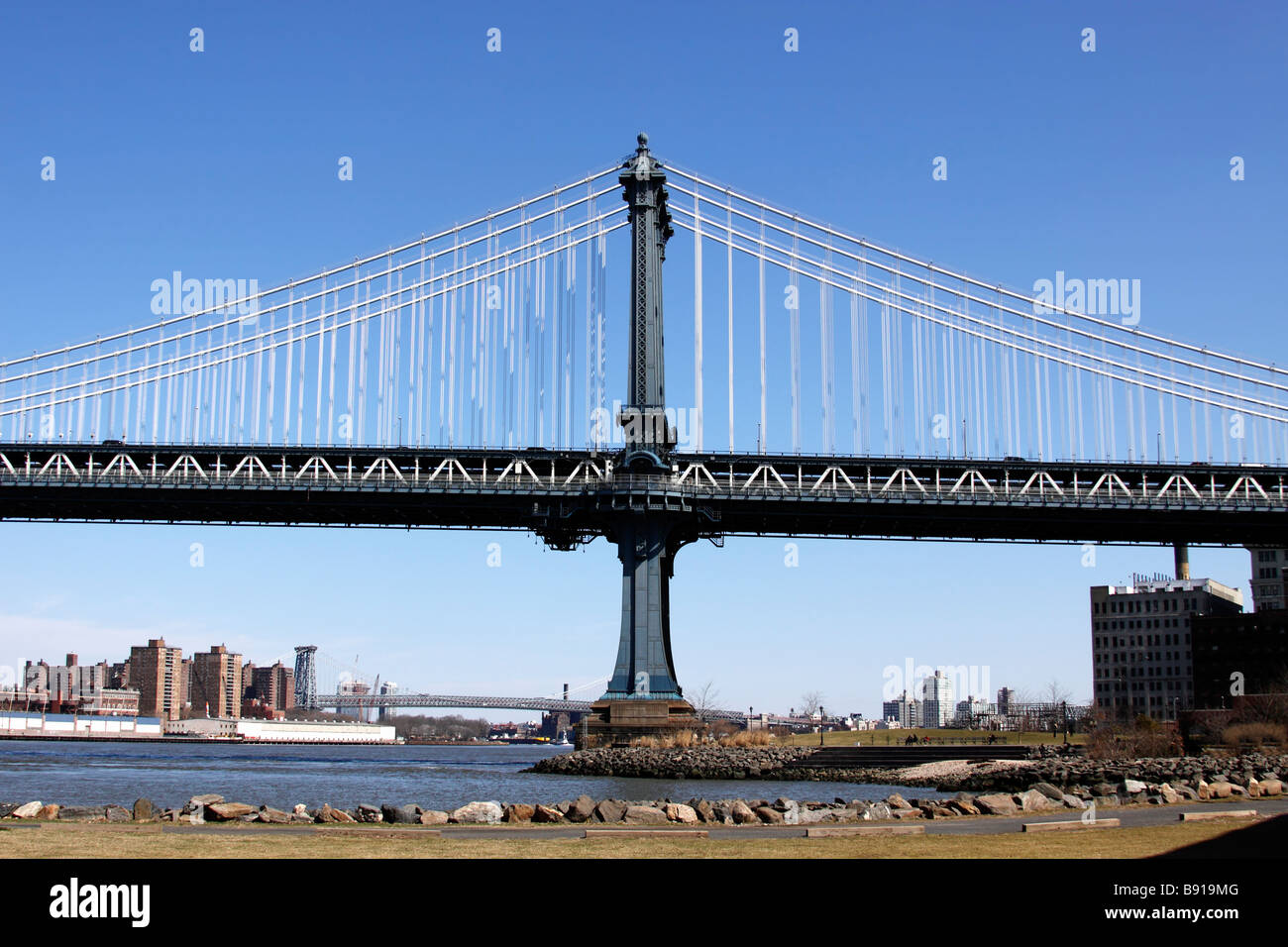 View of Brooklyn side of the Manhattan Bridge crossing over the East River, New York City, USA Stock Photo