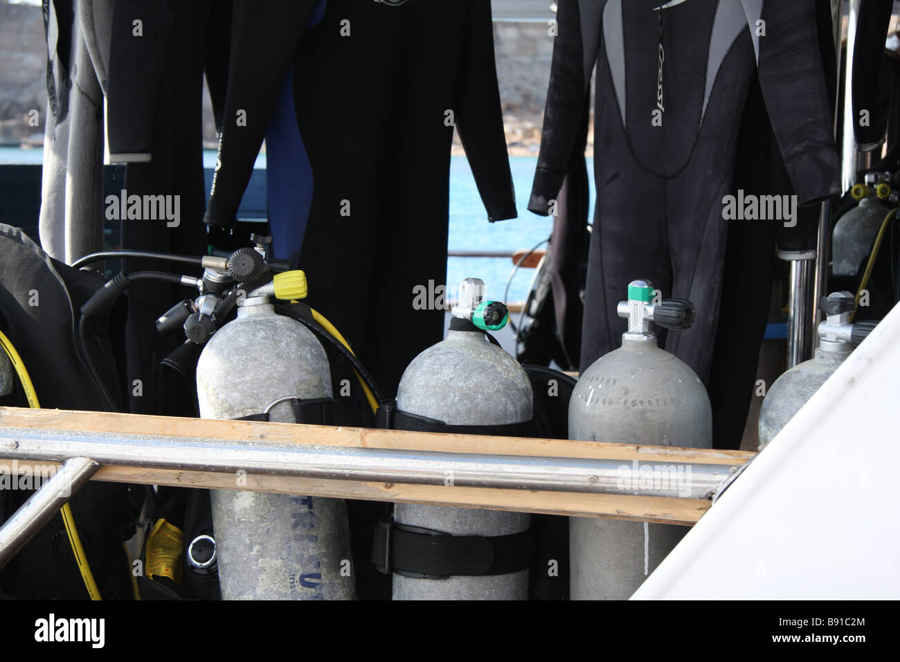 Diving equipment on diving boat Stock Photo Alamy
