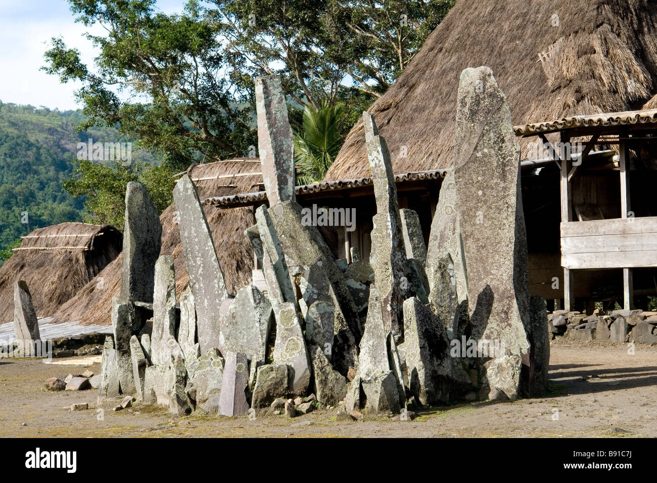 Megaliths in Bena, the most traditional Ngada village (Flores - Indonesia). Mégalithes à Bena, village traditionnel Ngada. Stock Photo