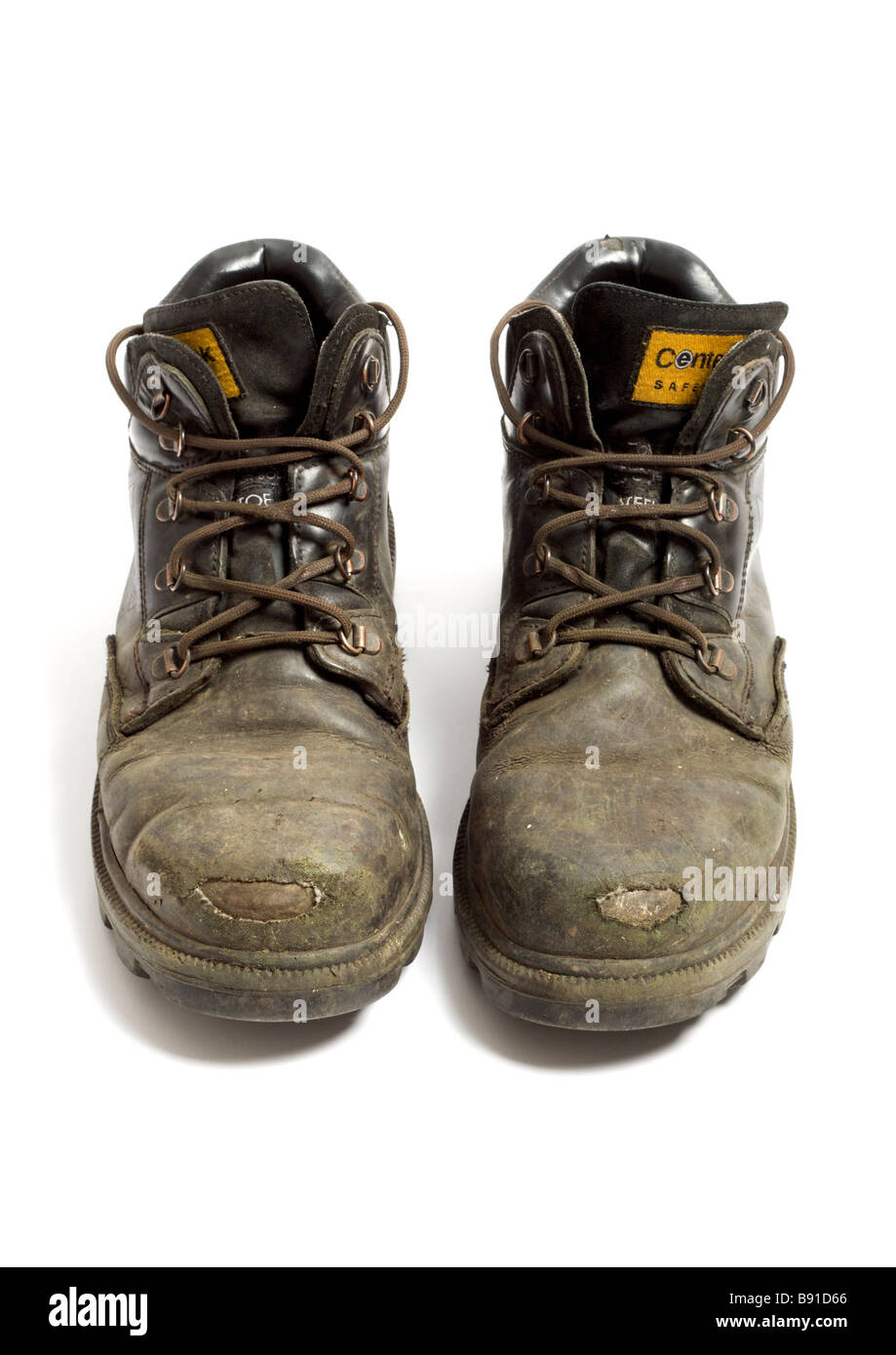 Old pair of leather steel toe capped safety boots on white background Stock  Photo - Alamy