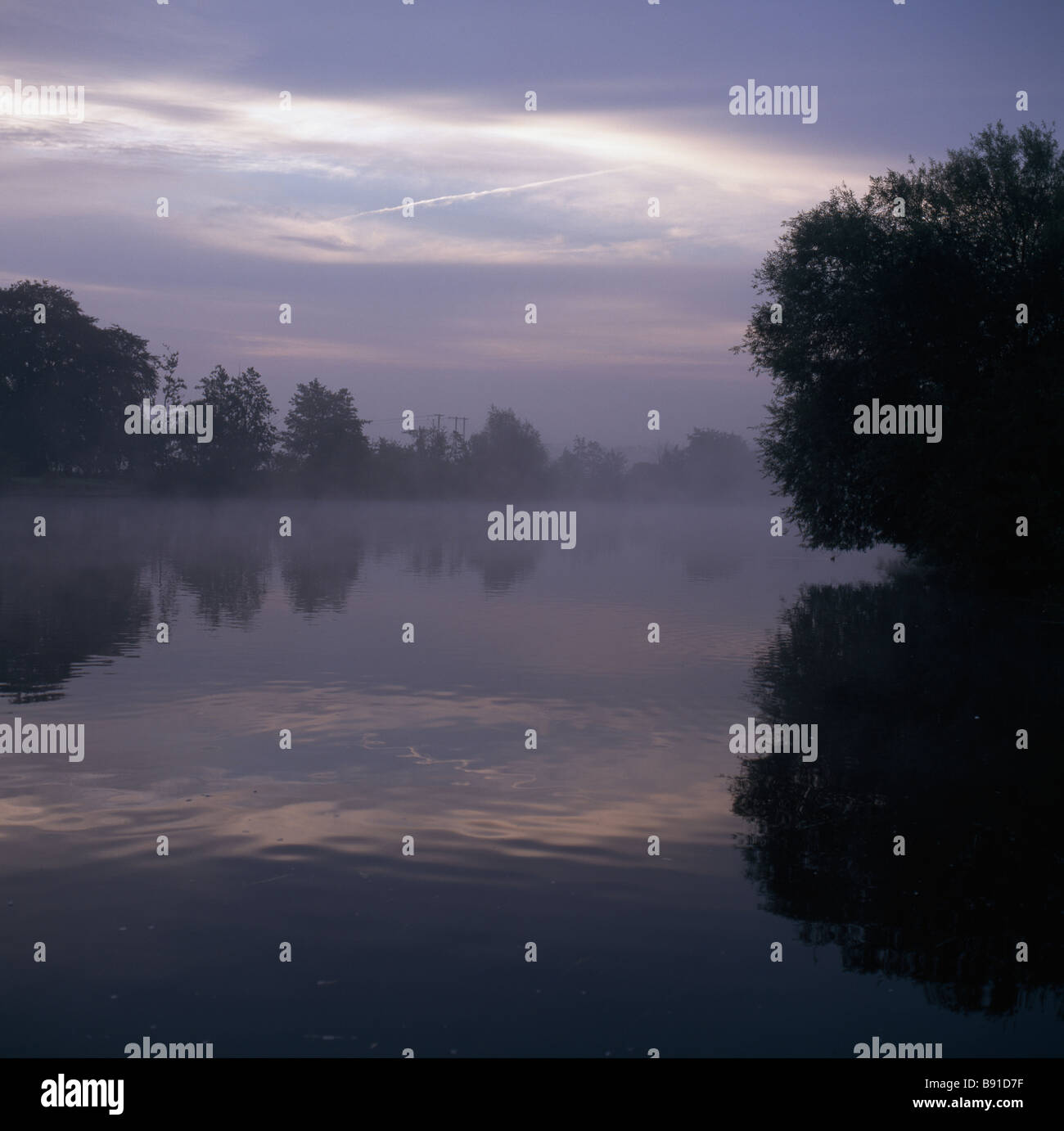 River Thames at Aston Oxfordshire in early morning mist. Stock Photo