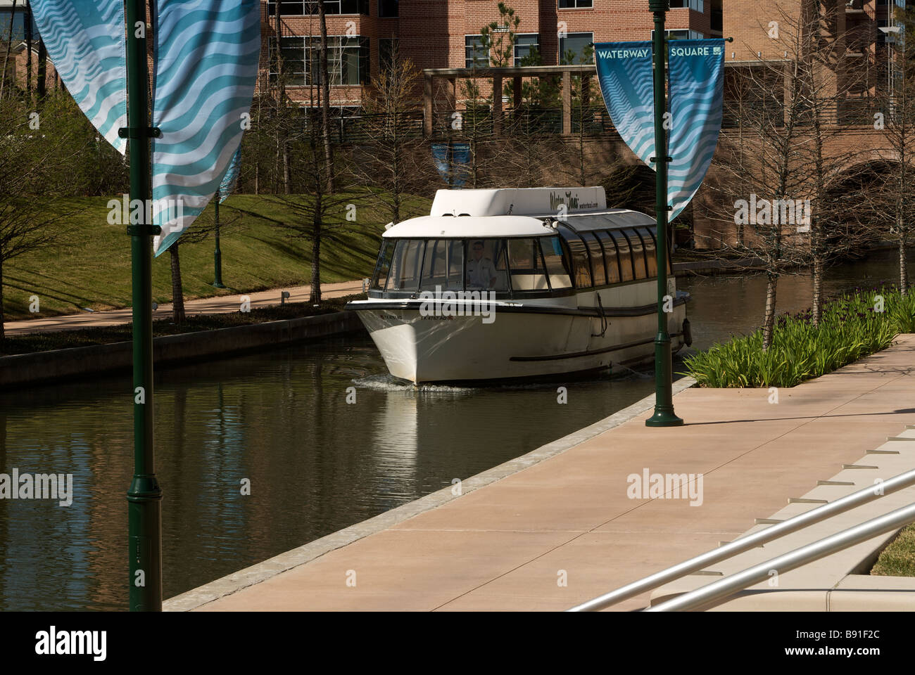 the water taxi on the riverwalk in The Woodlands Mall area Stock Photo