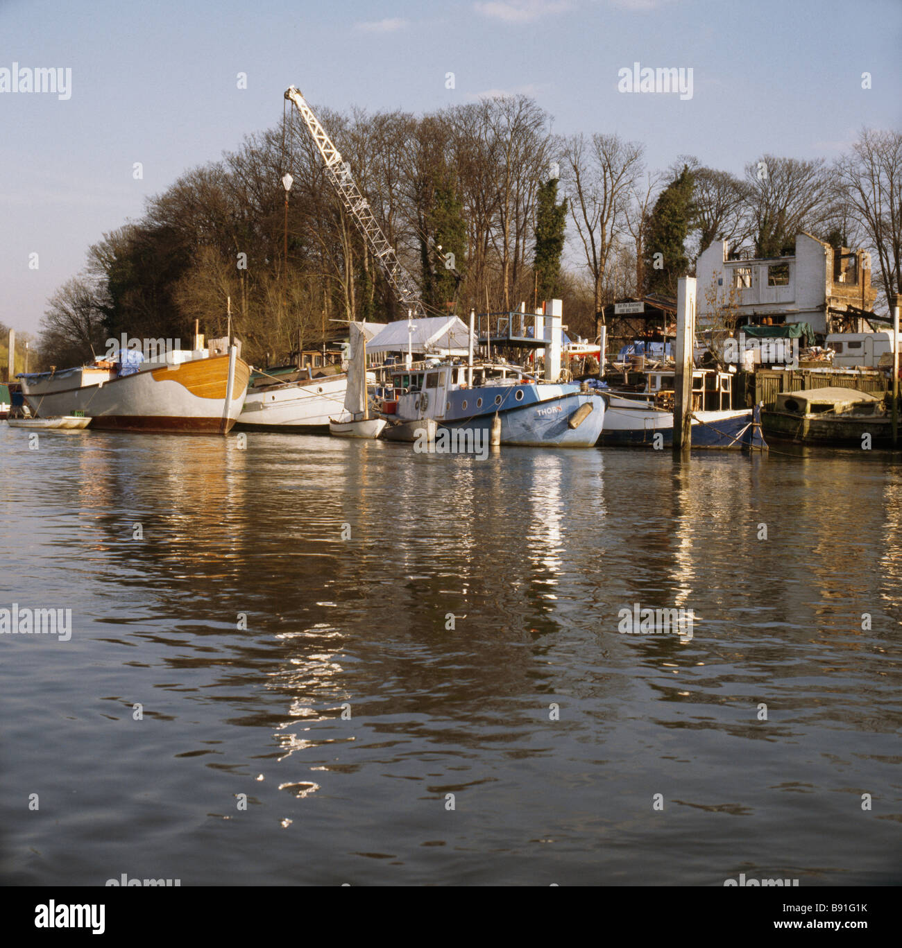 Boatyards on Eel Pie Island, in the River Thames at Twickenham in London Stock Photo