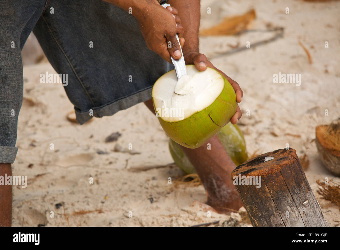 Young Bajan man opening fresh coconut at 'Crane Beach', Barbados, 'West Indies' Stock Photo