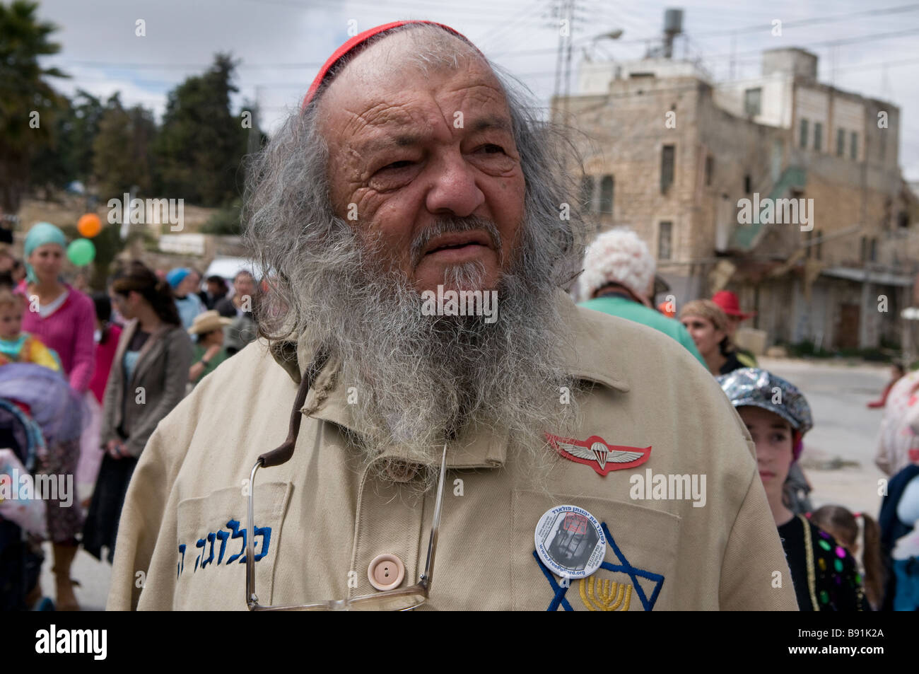 A Jewish settler wears military costume during the annual parade marking the Jewish holiday of Purim in the old city of Hebron West bank Israel Stock Photo