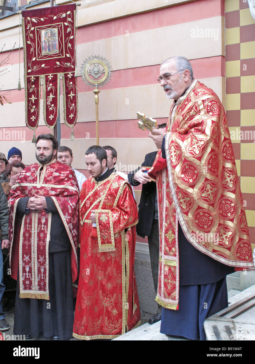 Archpriest protojerej stavrofor Ratko Radujkovic and priests of Banja Luka diocese Stock Photo