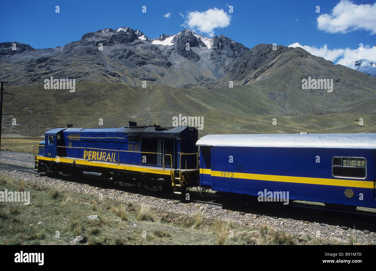 Orient Express owned Puno to Cusco train at La Raya pass (the highest point on the trip at 4335m), Peru Stock Photo