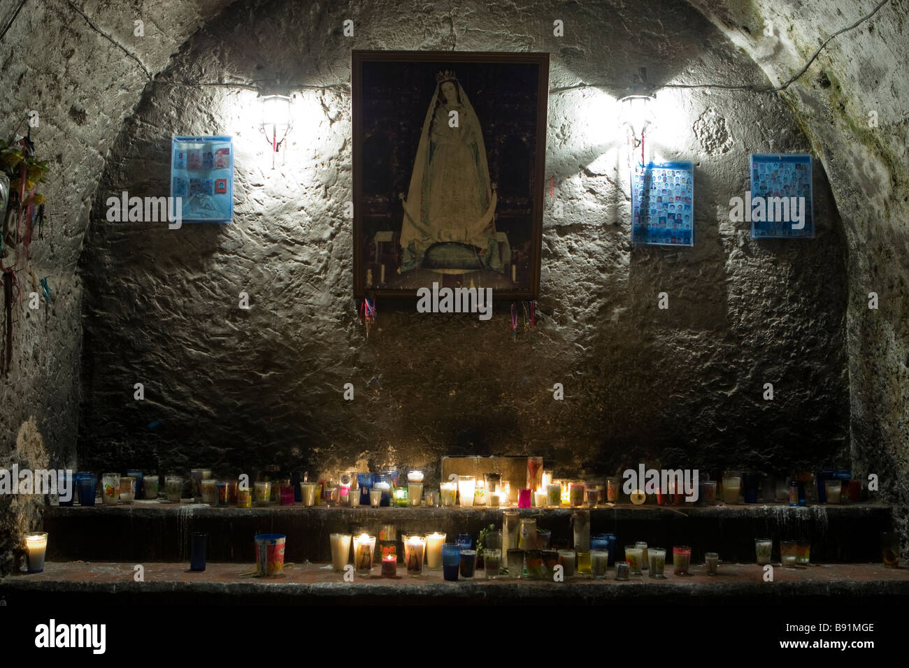 Candles on an altar at the catholic convent in Izamal Mexico Stock