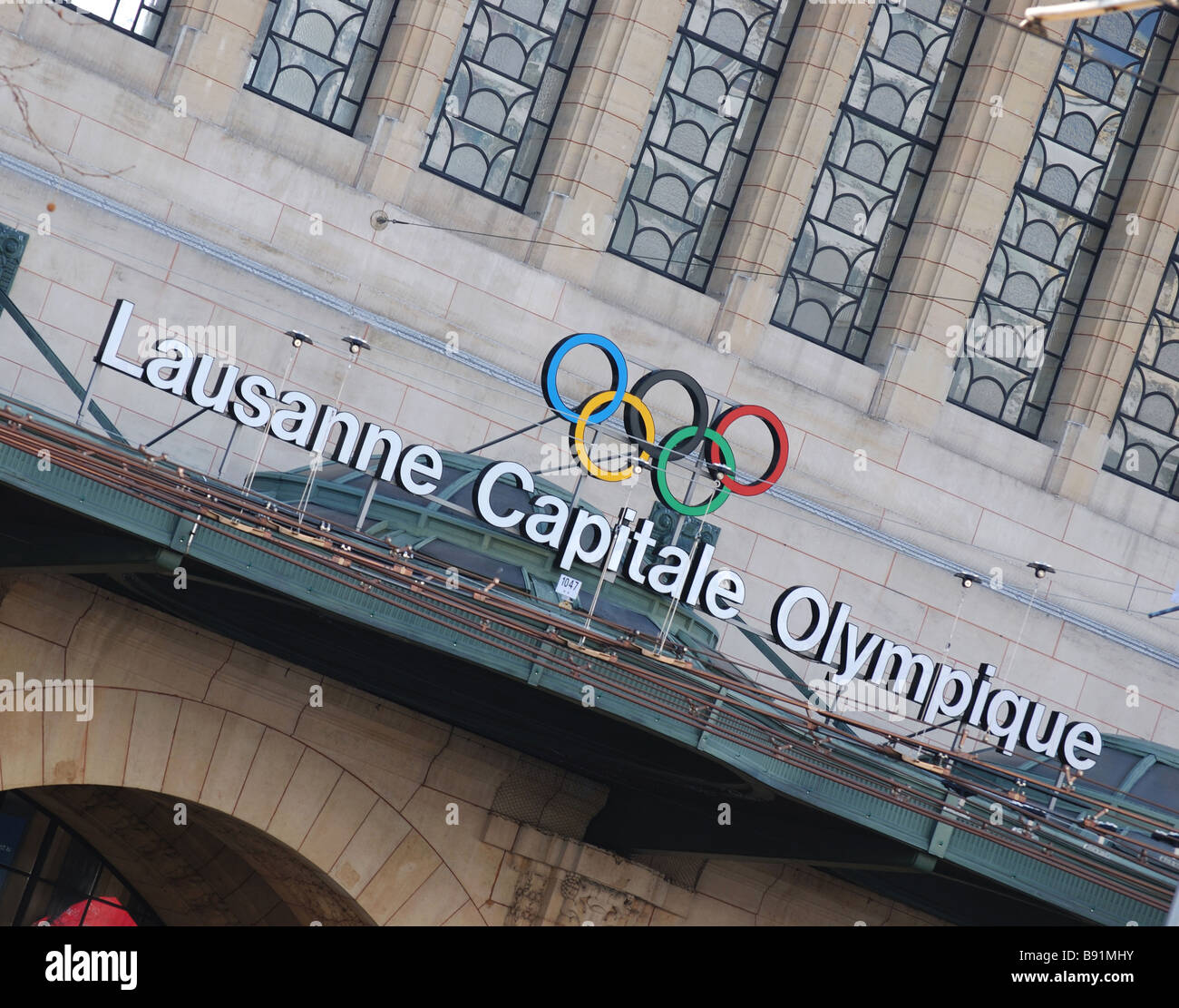 Olympic game rings and Museum in Lausanne, Switzerland Stock Photo