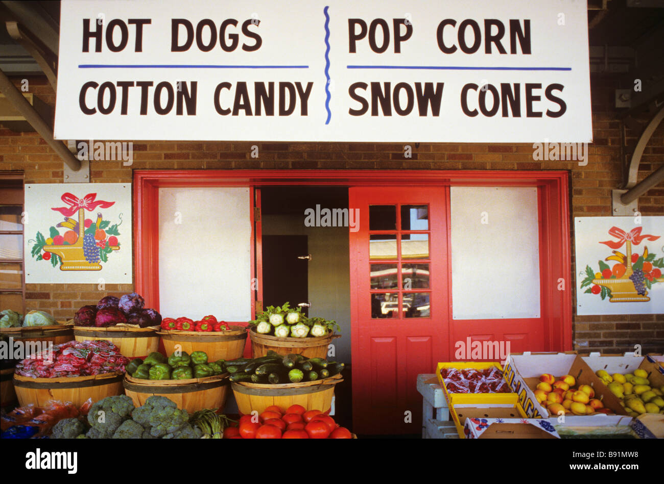 Vegetable stand with fresh produce and fast food offerings in Kansas
