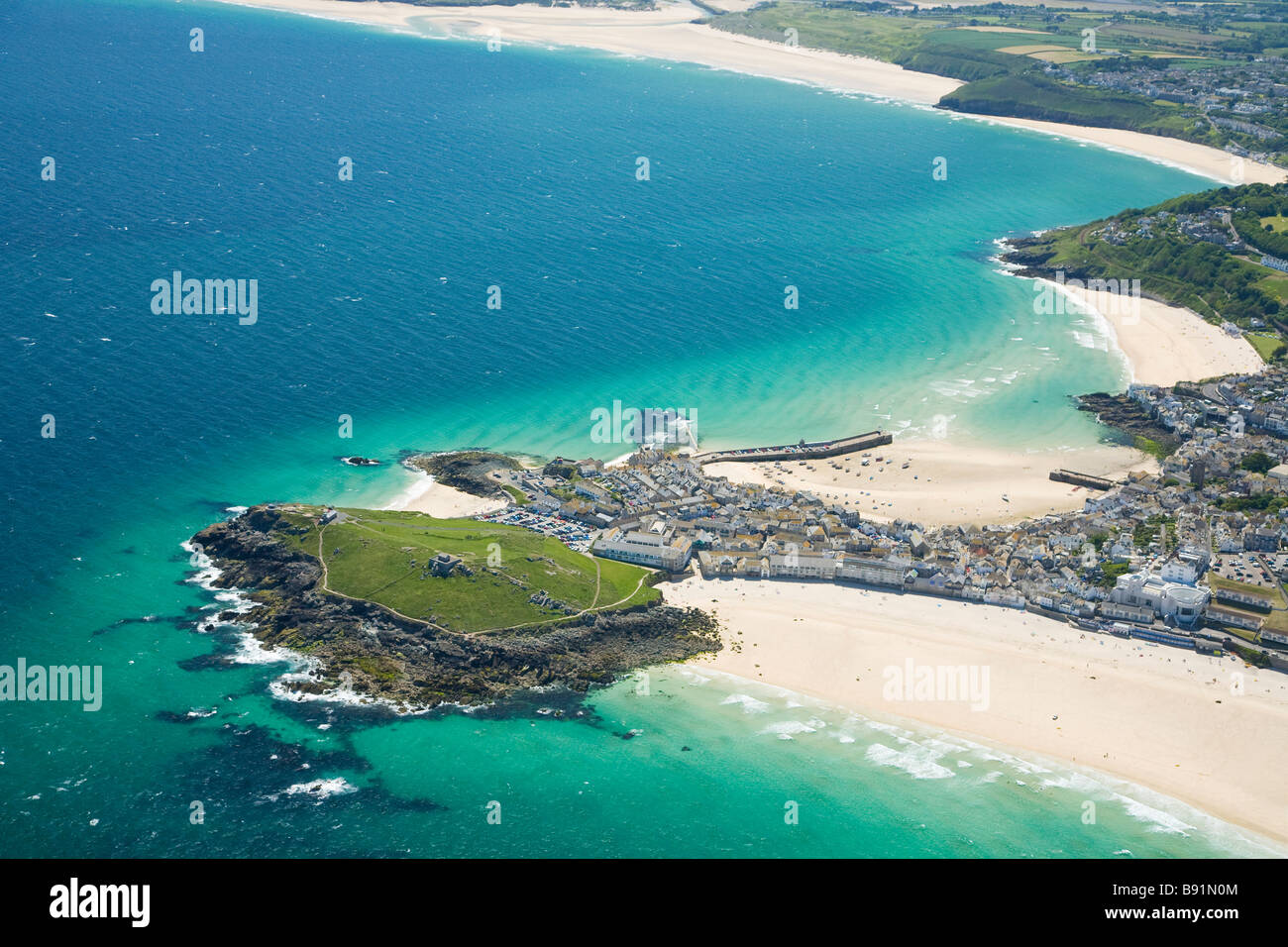 Aerial view of coastline coast St Ives West Penwith Cornwall England UK United Kingdom GB Great Britain British Isles Europe Stock Photo