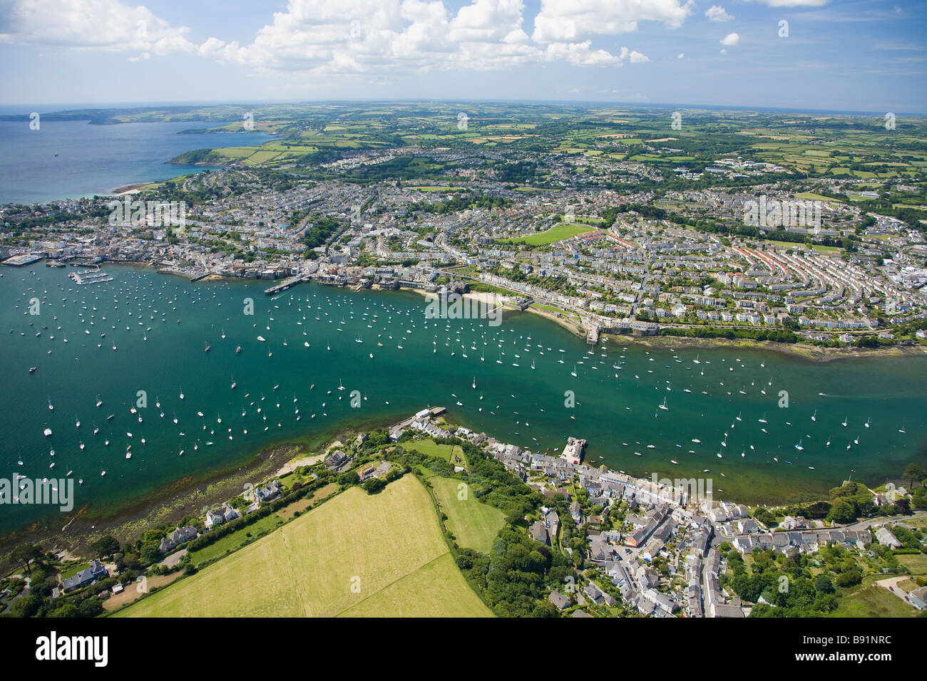 Aerial view of coastline Falmouth town harbour Cornwall England UK United Kingdom GB Stock Photo