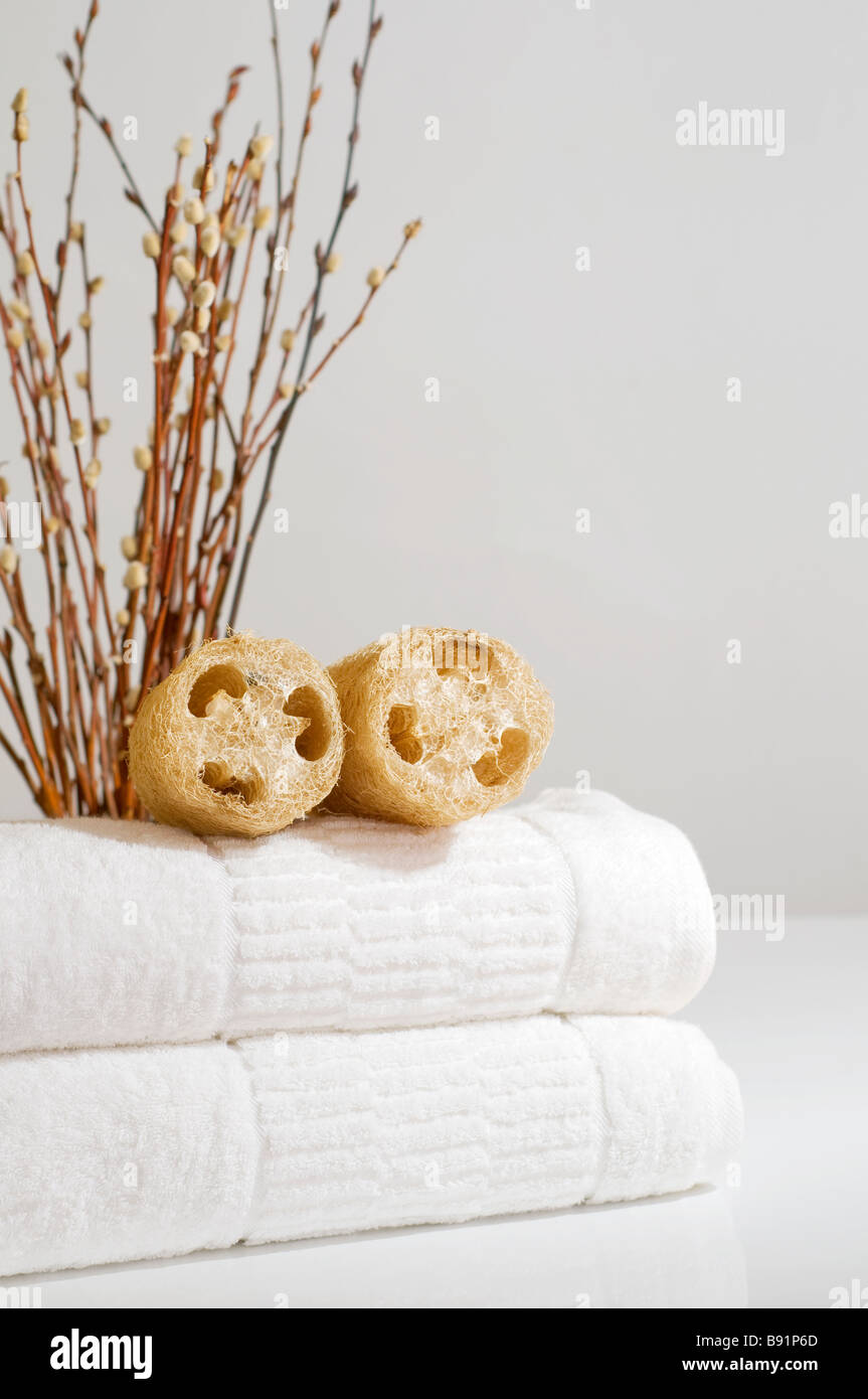 Loofah bath sponges and white towels Stock Photo Alamy