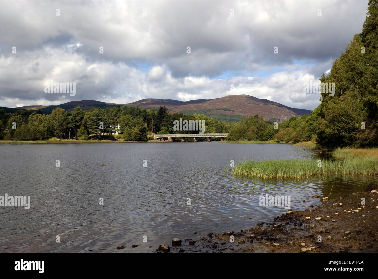 View of Loch Insh, Speyside, Inverness-shire, Scotland with bridge over River Spey Stock Photo