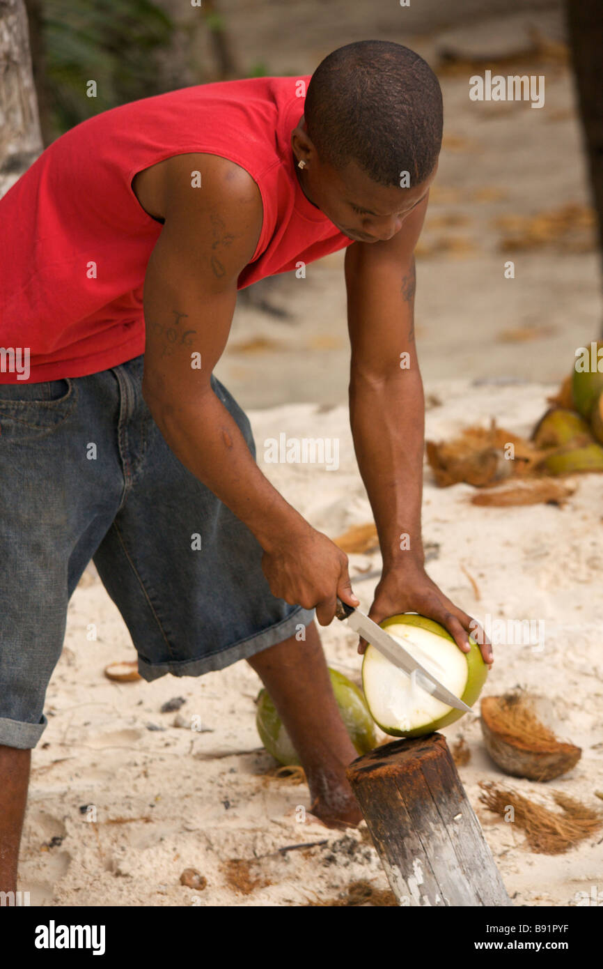 Young Bajan man opening fresh coconut at 'Crane Beach', Barbados, 'West Indies' Stock Photo
