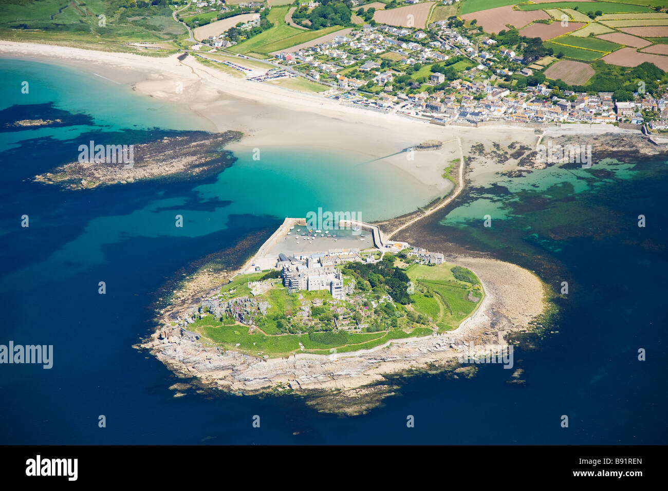 Aerial view of St Michaels Mount in summer sun Cornwall England UK United Kingdom GB Great Britain British Isles Europe Stock Photo