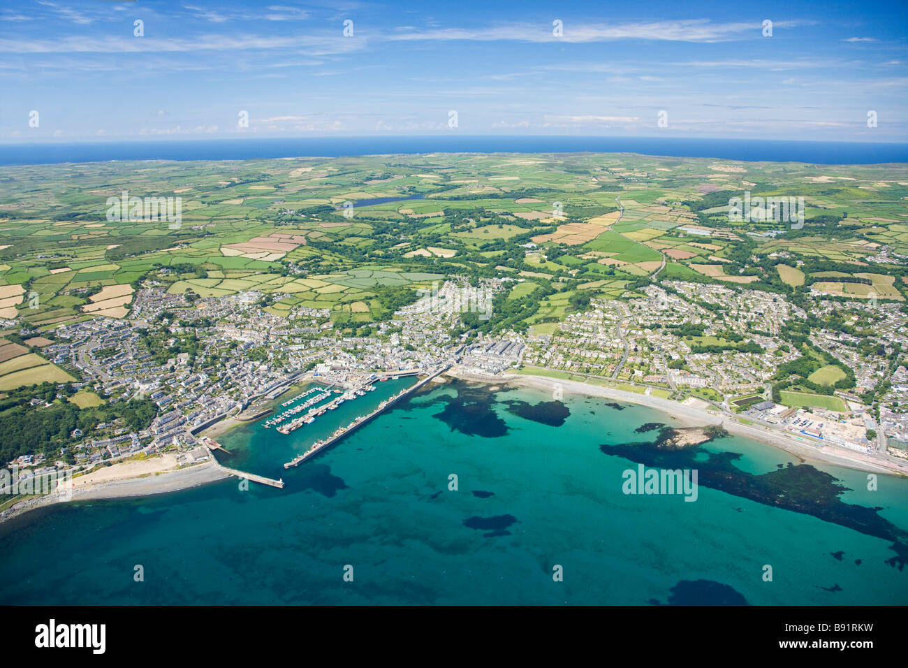 Aerial view of Newlyn in summer sun Cornwall England UK United Kingdom ...