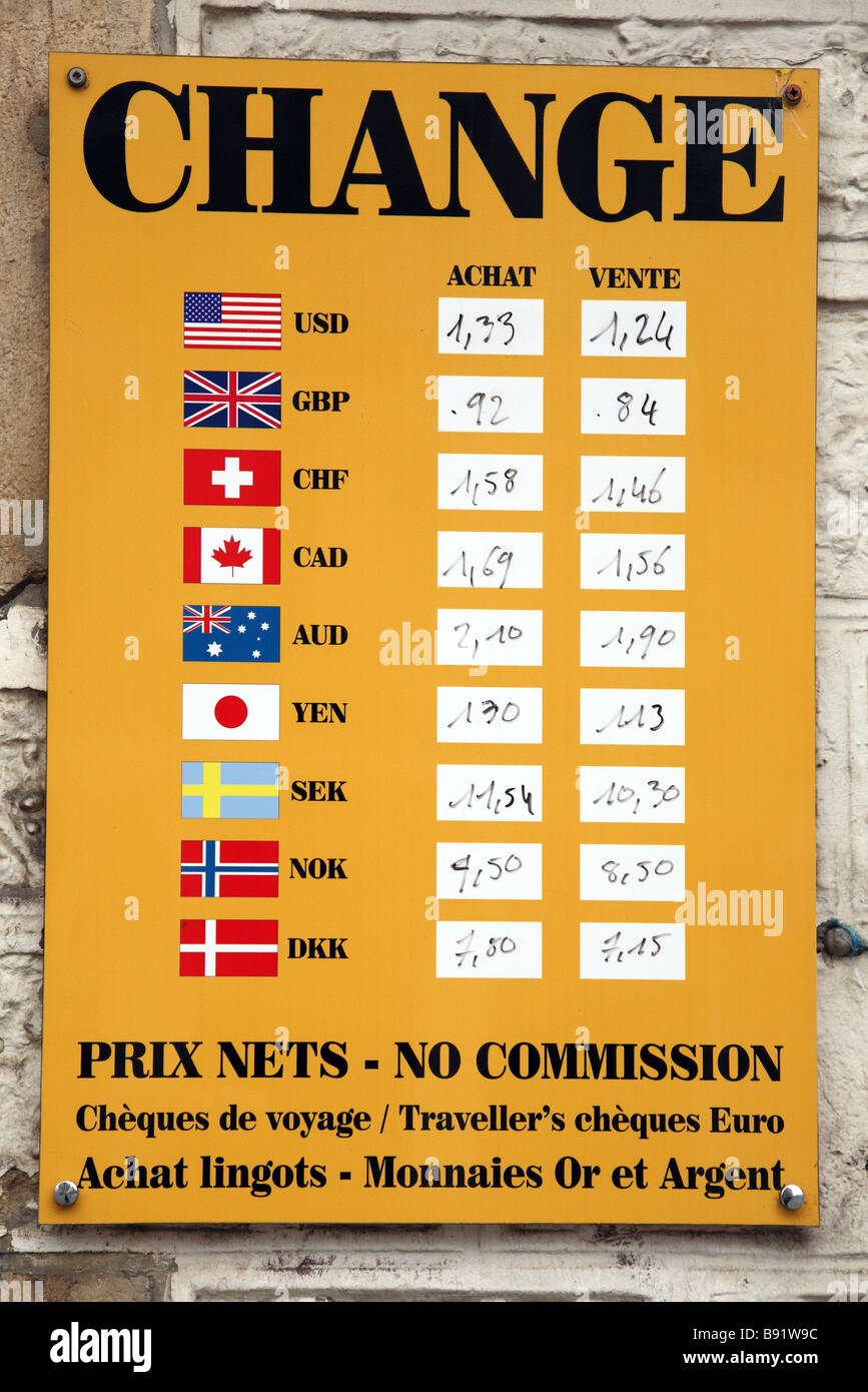 exchange rates displayed at bureau de change Stock Photo