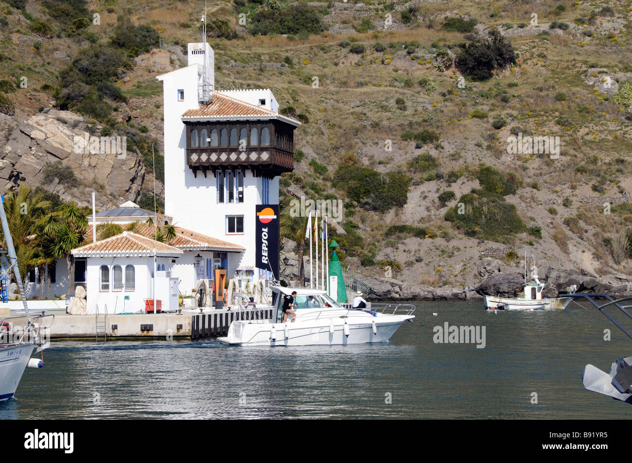Marina del Este on the Costa Tropical Andalucia southern Spain Leiusre boats passing the fuel dock Stock Photo